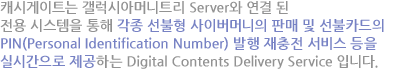 캐시게이트는 갤럭시아머니트리 Server와 연결 된 전용 시스템을 통해 각종 선불형 사이버머니의 판매 및 선불카드의 PIN(Personal Identification Number) 발행 재충전 서비스 등을 실시간으로 제공하는 Digital Contents Delivery Service 입니다. 